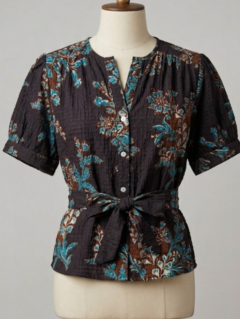 Free People Floral Crinkle Tie Front Blouse Small Brown Turquoise Boho Top